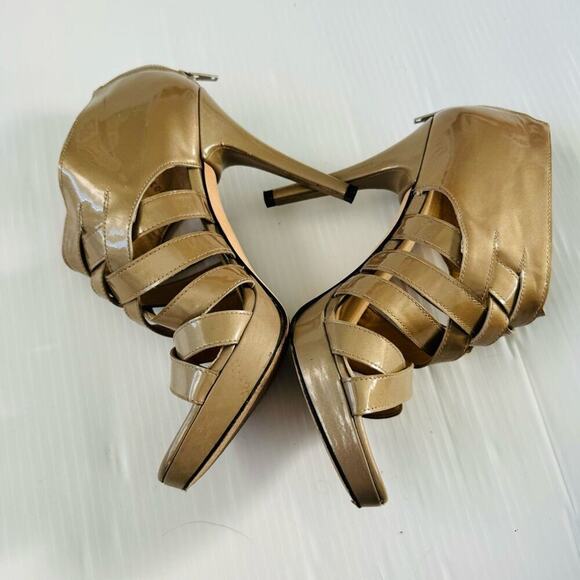 Stuart Weitzman patent leather tan cross cross strappy high heels size 7.5 - Picture 2 of 9